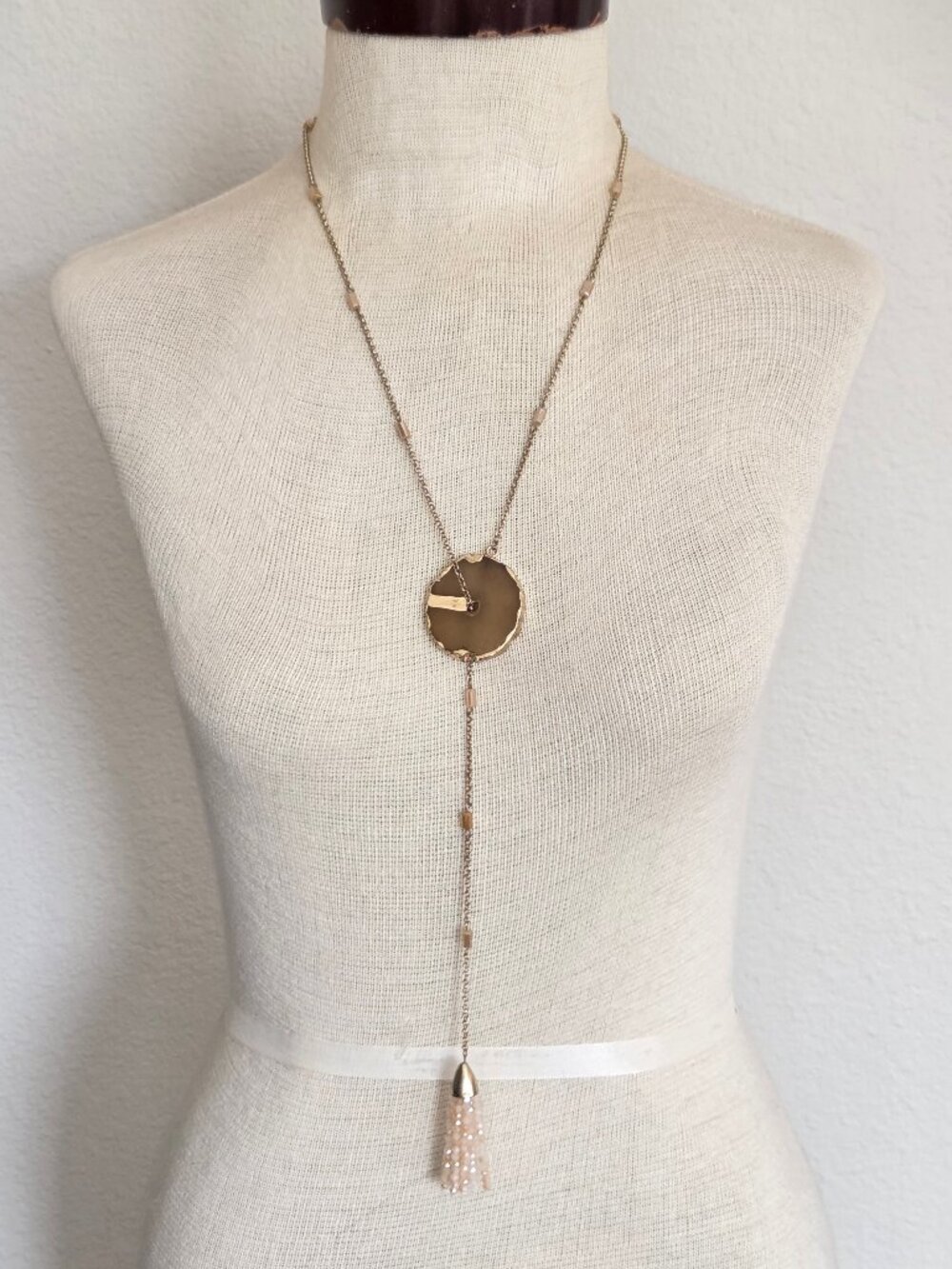 Agate Stone Slice & Bead Tassel Y Necklace